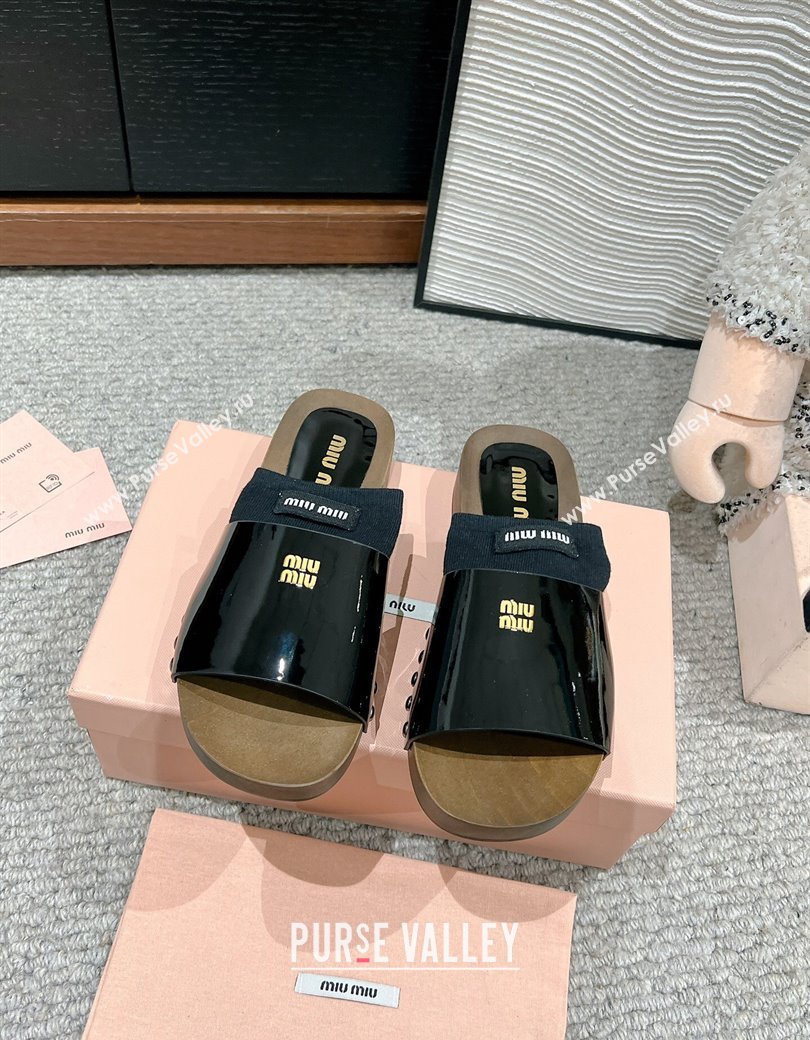 Miu Miu Socks Patent Leather Slides Sandal Black 2024 1228 (SS-241228023)