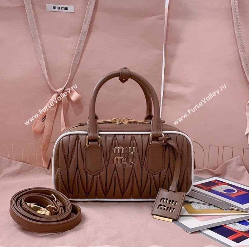 Miu Miu Arcadie matelasse nappa leather top handle bag with Contrasting Trim 5BB142 Cognac Brown 2025 (JD-250407127)