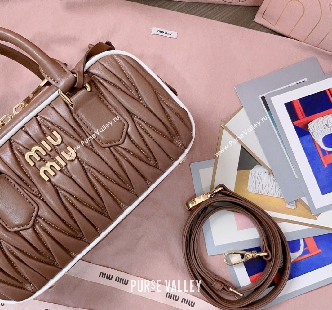 Miu Miu Arcadie matelasse nappa leather top handle bag with Contrasting Trim 5BB142 Cognac Brown 2025 (JD-250407127)