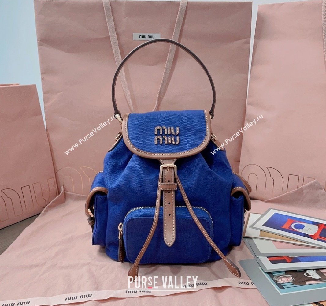 Miu Miu Canvas and leather backpack bag Indigo Blue 2025 5BZ043 (JD-250407100)