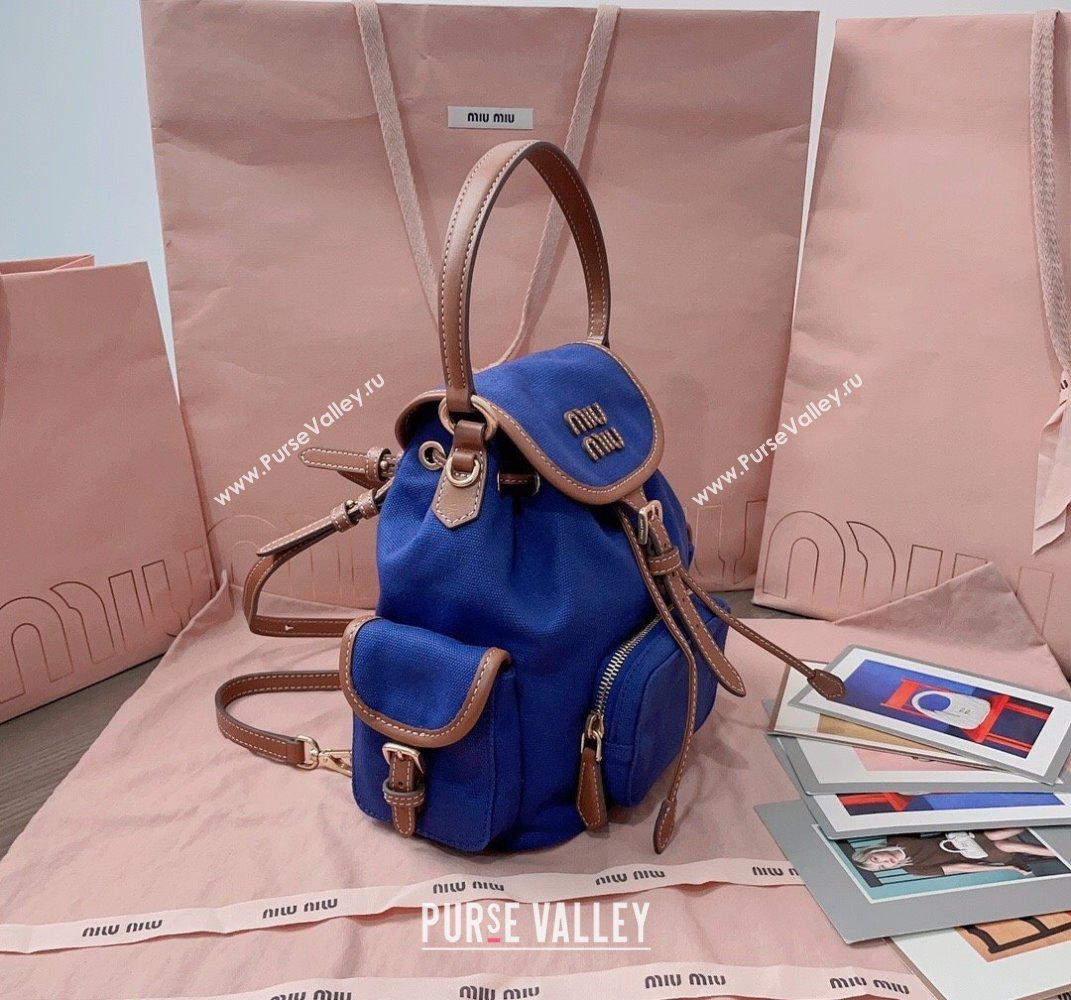 Miu Miu Canvas and leather backpack bag Indigo Blue 2025 5BZ043 (JD-250407100)