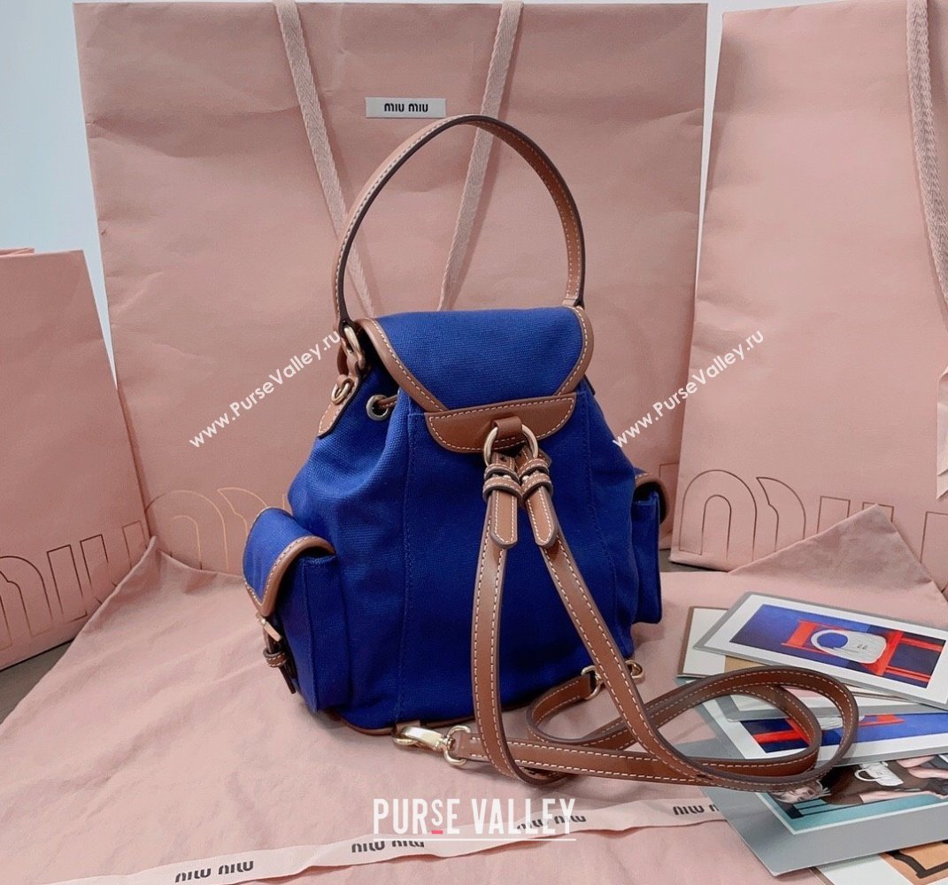 Miu Miu Canvas and leather backpack bag Indigo Blue 2025 5BZ043 (JD-250407100)