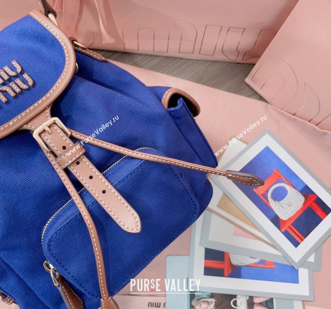 Miu Miu Canvas and leather backpack bag Indigo Blue 2025 5BZ043 (JD-250407100)