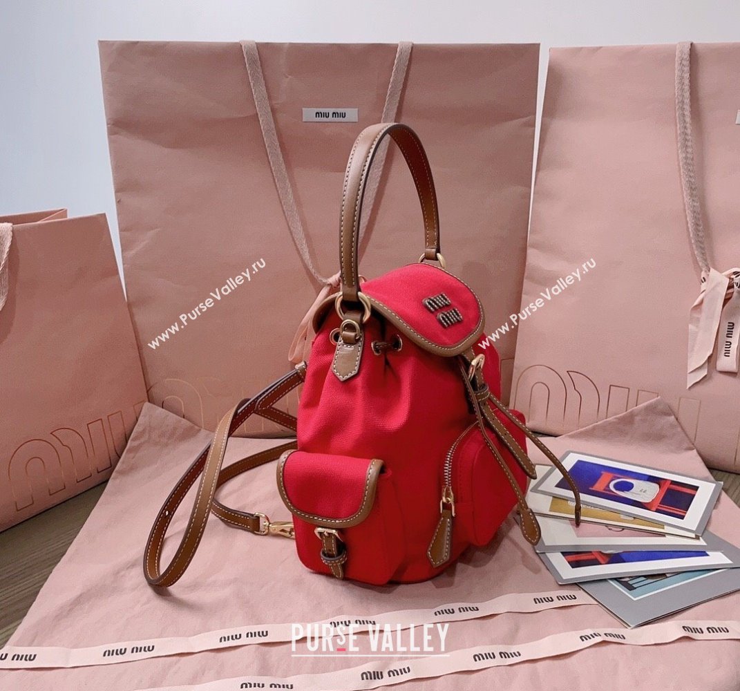 Miu Miu Canvas and leather backpack bag Red 2025 5BZ043 (JD-250407101)