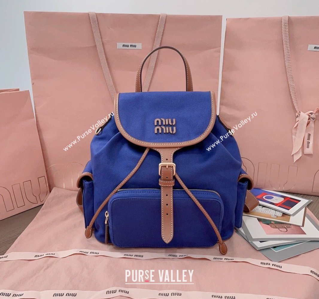 Miu Miu Canvas and leather backpack bag Indigo Blue 2025 5BZ042 (JD-250407103)