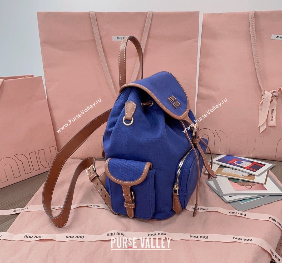 Miu Miu Canvas and leather backpack bag Indigo Blue 2025 5BZ042 (JD-250407103)