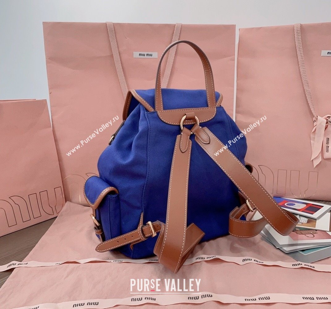 Miu Miu Canvas and leather backpack bag Indigo Blue 2025 5BZ042 (JD-250407103)