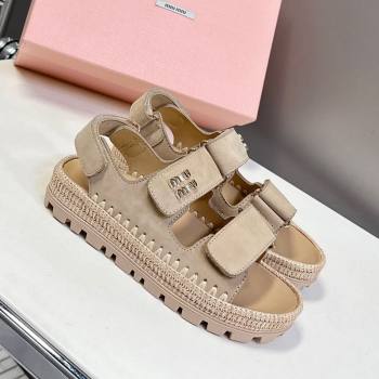 Miu Miu Suede Strap Sandals with Straw Detail Beige 2025 (MD-250426053)