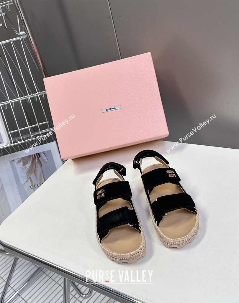 Miu Miu Suede Strap Sandals with Straw Detail Black 2025 (MD-250426054)
