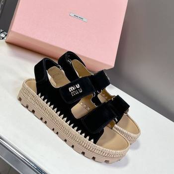 Miu Miu Suede Strap Sandals with Straw Detail Black 2025 (MD-250426054)