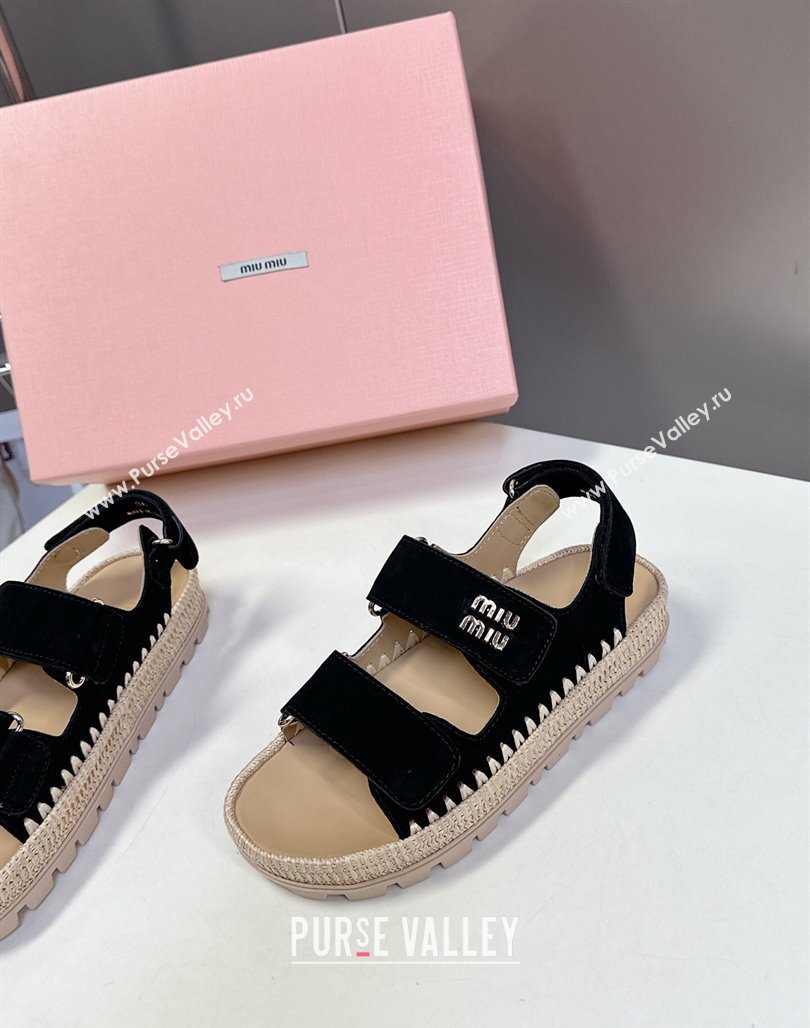 Miu Miu Suede Strap Sandals with Straw Detail Black 2025 (MD-250426054)