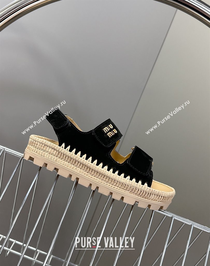 Miu Miu Suede Strap Sandals with Straw Detail Black 2025 (MD-250426054)