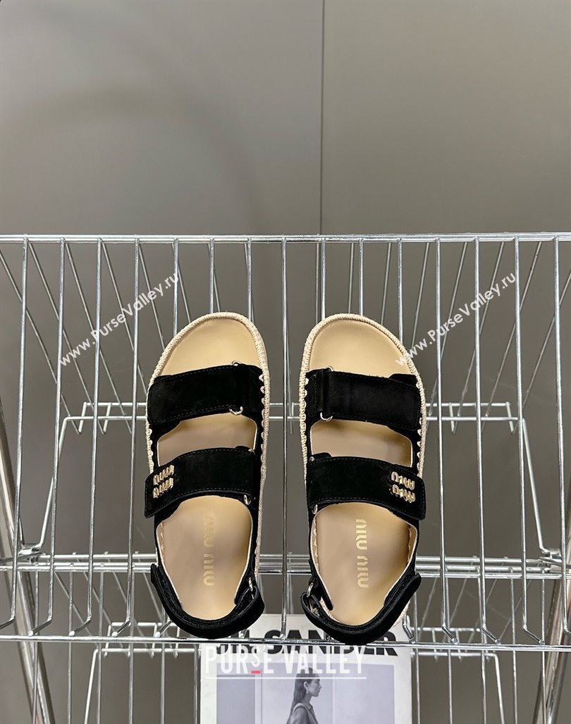 Miu Miu Suede Strap Sandals with Straw Detail Black 2025 (MD-250426054)