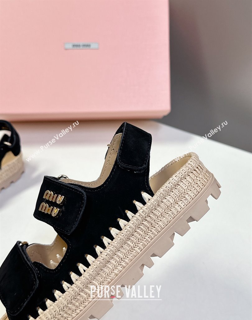 Miu Miu Suede Strap Sandals with Straw Detail Black 2025 (MD-250426054)