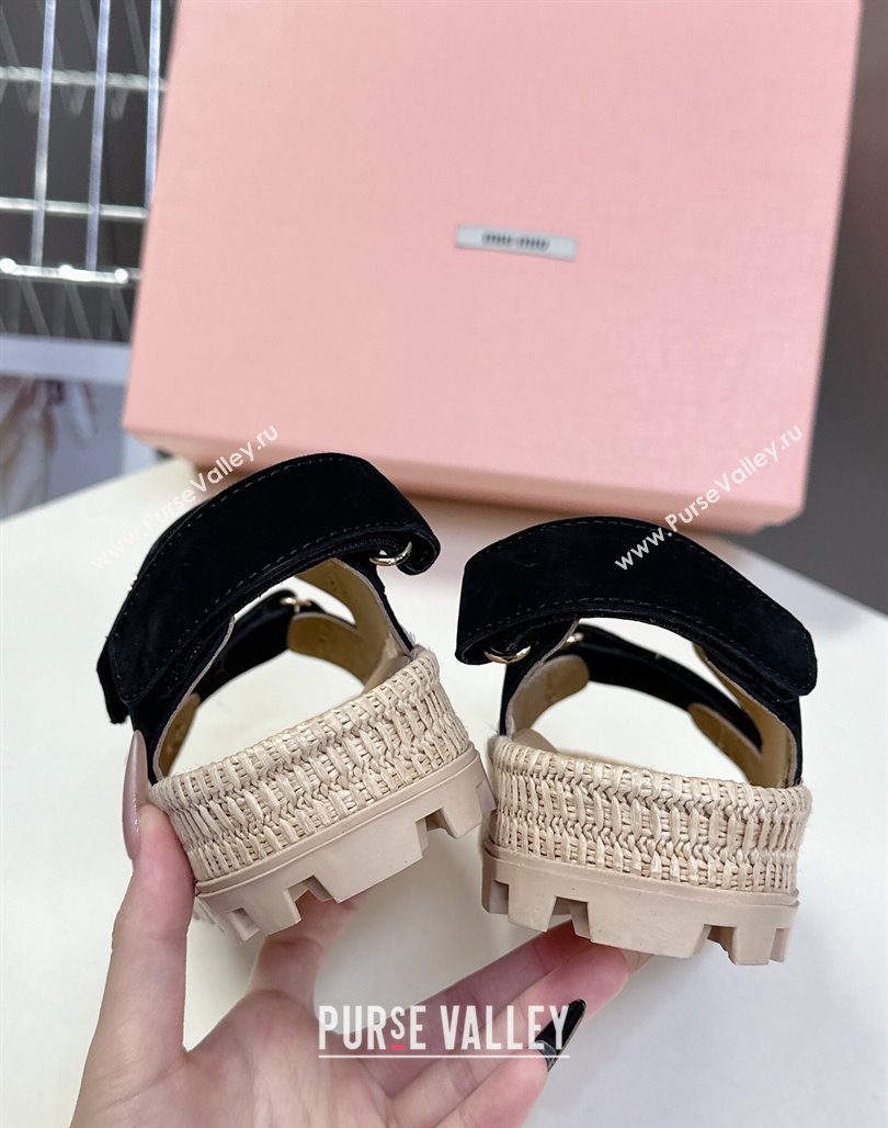 Miu Miu Suede Strap Sandals with Straw Detail Black 2025 (MD-250426054)