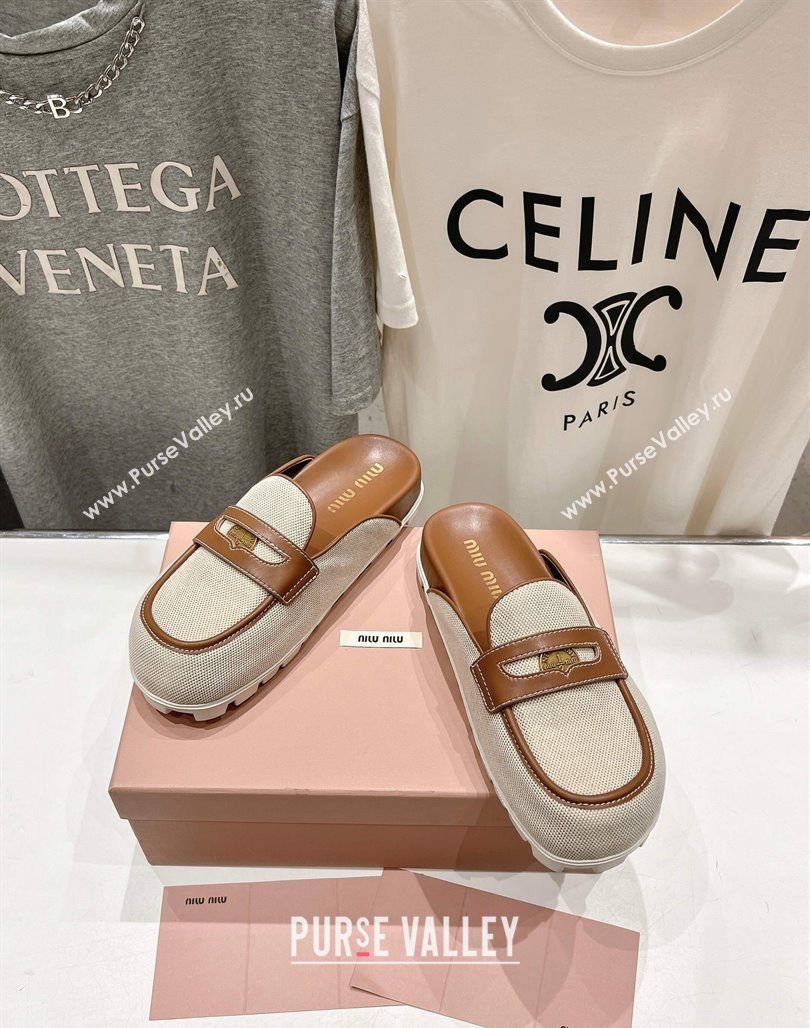 Miu Miu Penny Leather and Canvas Platform Mules Brown 2025 0426 (MD-250426031)