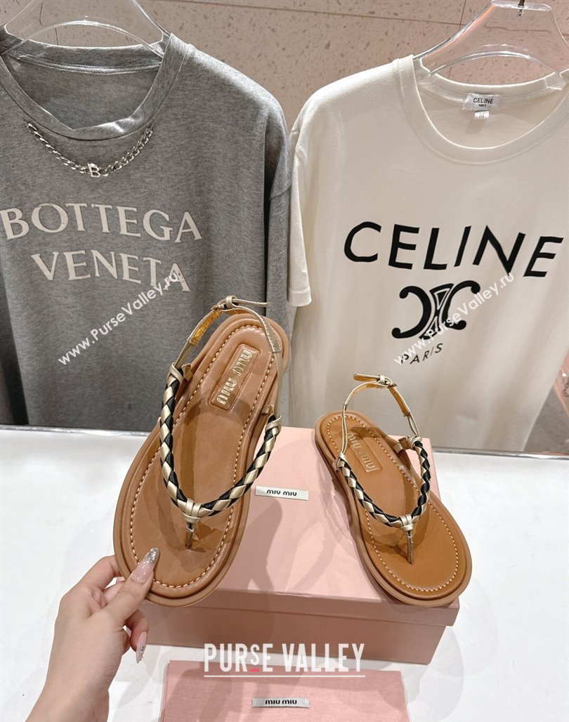 Miu Miu Braided Leather Flat Thong Sandals Brown/Gold 2025 042601 (MD-250426065)