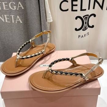 Miu Miu Braided Leather Flat Thong Sandals Brown/Gold 2025 042601 (MD-250426065)