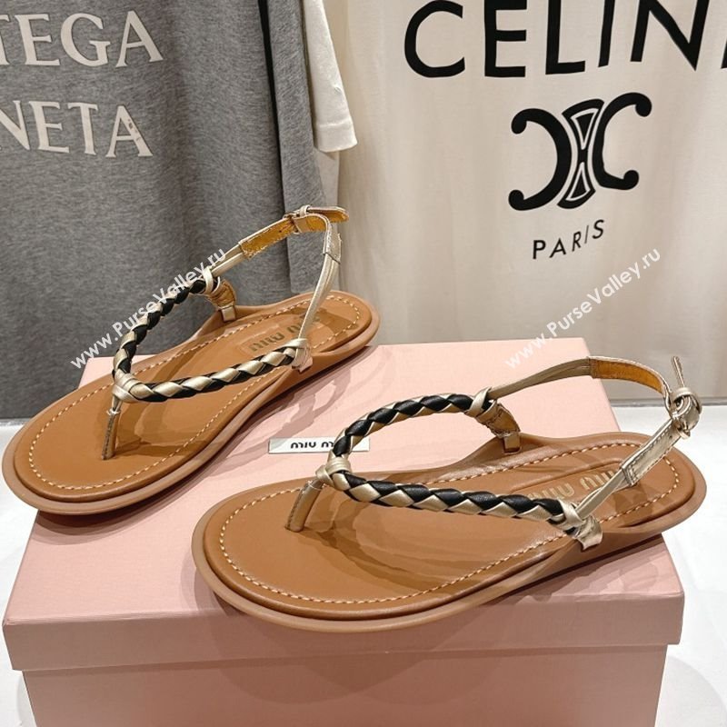 Miu Miu Braided Leather Flat Thong Sandals Brown/Gold 2025 042601 (MD-250426065)