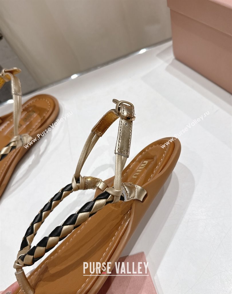 Miu Miu Braided Leather Flat Thong Sandals Brown/Gold 2025 042601 (MD-250426065)