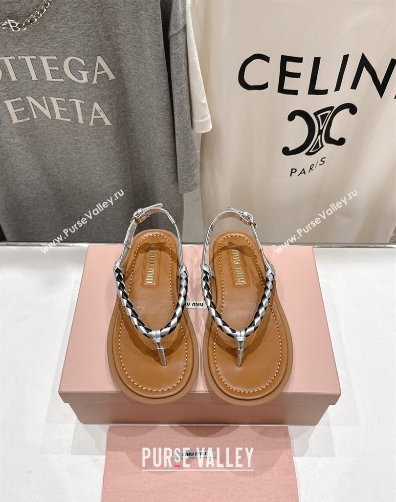 Miu Miu Braided Leather Flat Thong Sandals Brown/Silver 2025 042601 (MD-250426068)