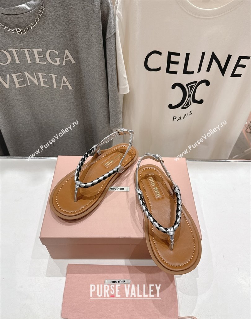 Miu Miu Braided Leather Flat Thong Sandals Brown/Silver 2025 042601 (MD-250426068)