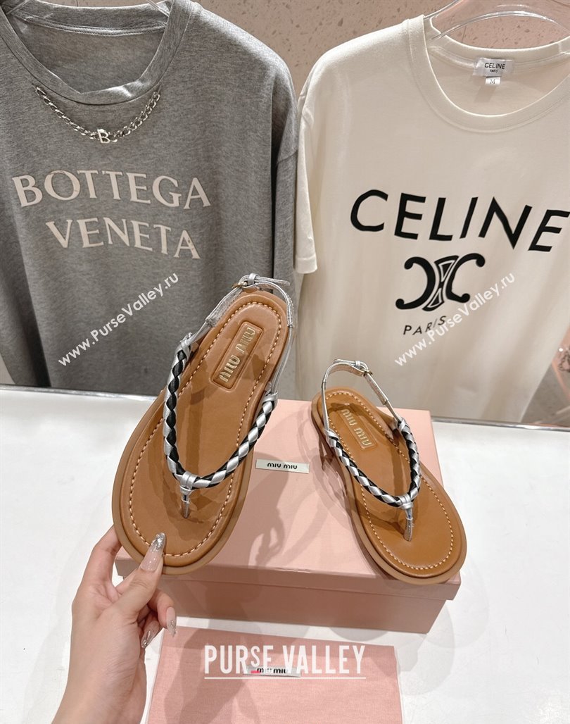 Miu Miu Braided Leather Flat Thong Sandals Brown/Silver 2025 042601 (MD-250426068)