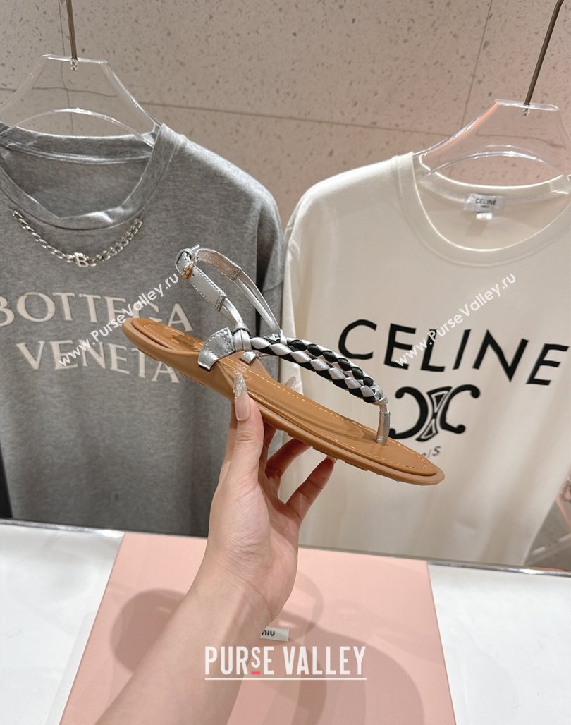 Miu Miu Braided Leather Flat Thong Sandals Brown/Silver 2025 042601 (MD-250426068)