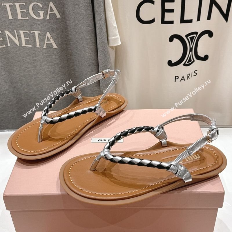 Miu Miu Braided Leather Flat Thong Sandals Brown/Silver 2025 042601 (MD-250426068)