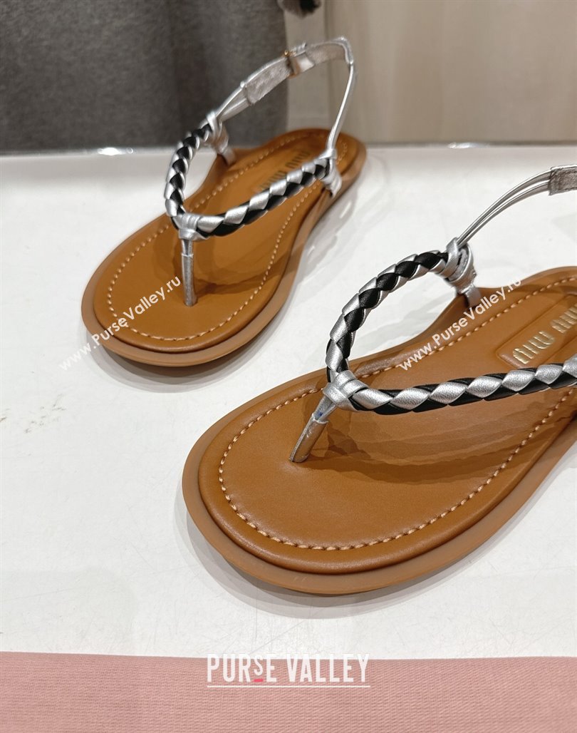 Miu Miu Braided Leather Flat Thong Sandals Brown/Silver 2025 042601 (MD-250426068)