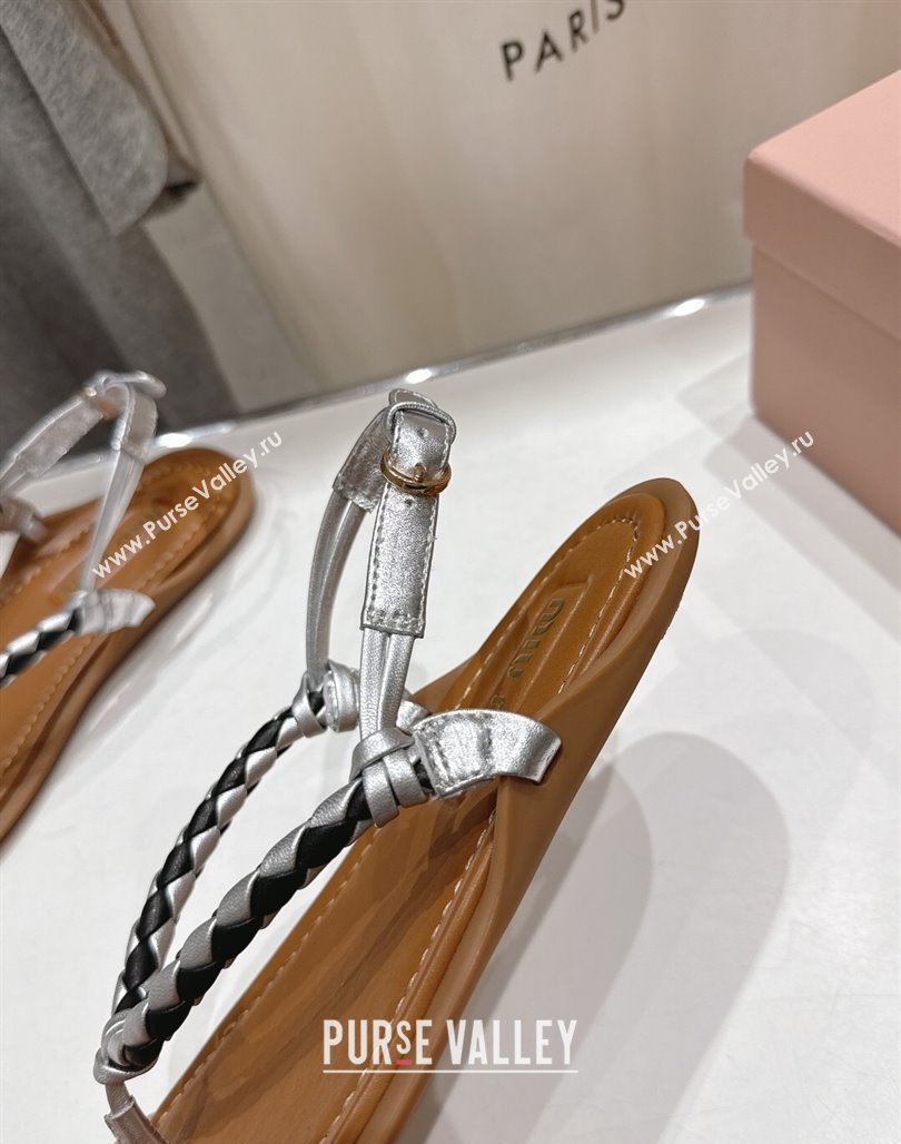 Miu Miu Braided Leather Flat Thong Sandals Brown/Silver 2025 042601 (MD-250426068)