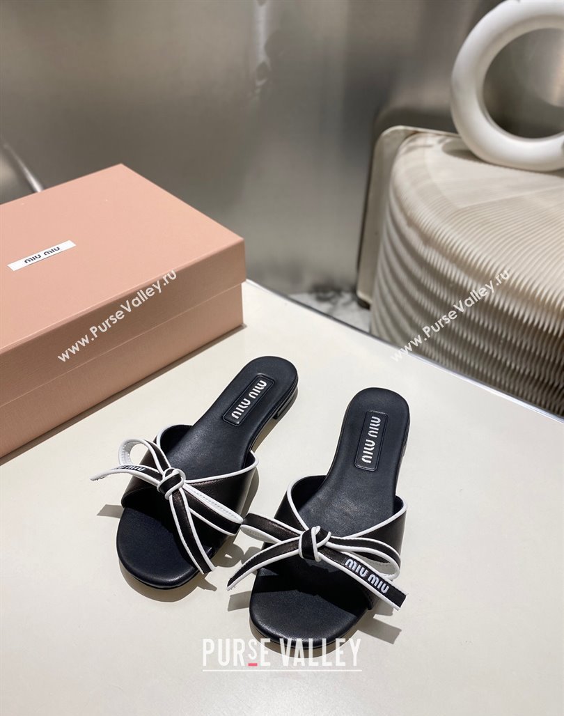 Miu Miu Nappa Leather Flat Slides Sandal with Bow Black 2025 042602 (MD-250426072)