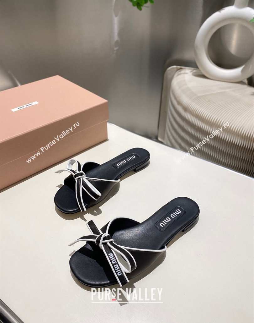 Miu Miu Nappa Leather Flat Slides Sandal with Bow Black 2025 042602 (MD-250426072)