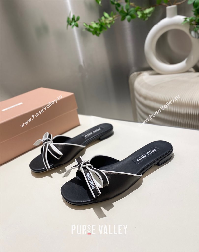 Miu Miu Nappa Leather Flat Slides Sandal with Bow Black 2025 042602 (MD-250426072)