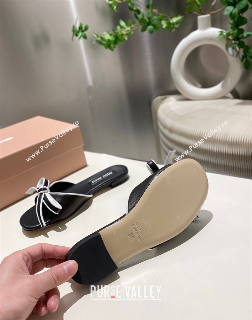 Miu Miu Nappa Leather Flat Slides Sandal with Bow Black 2025 042602 (MD-250426072)