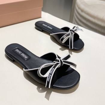 Miu Miu Nappa Leather Flat Slides Sandal with Bow Black 2025 042602 (MD-250426072)