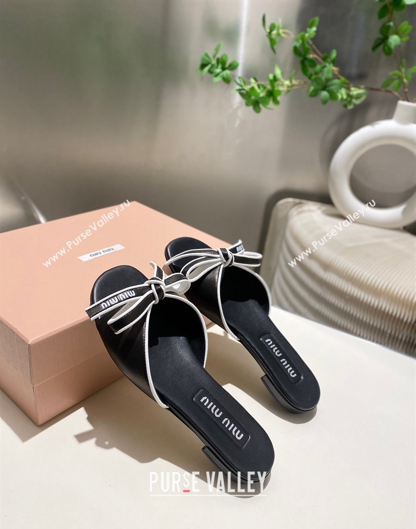 Miu Miu Nappa Leather Flat Slides Sandal with Bow Black 2025 042602 (MD-250426072)