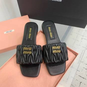Miu Miu Matelasse Nappa Leather Flat Slides Sandal Black 2025 5XX605 (KER-250426074)