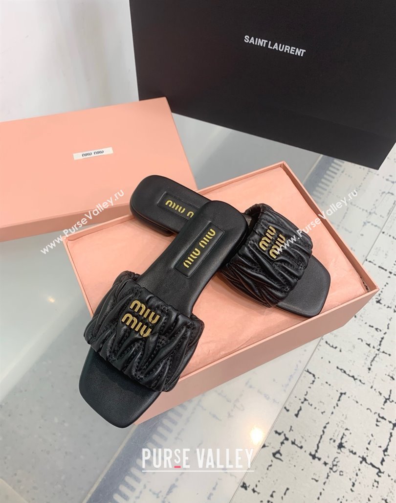 Miu Miu Matelasse Nappa Leather Flat Slides Sandal Black 2025 5XX605 (KER-250426074)
