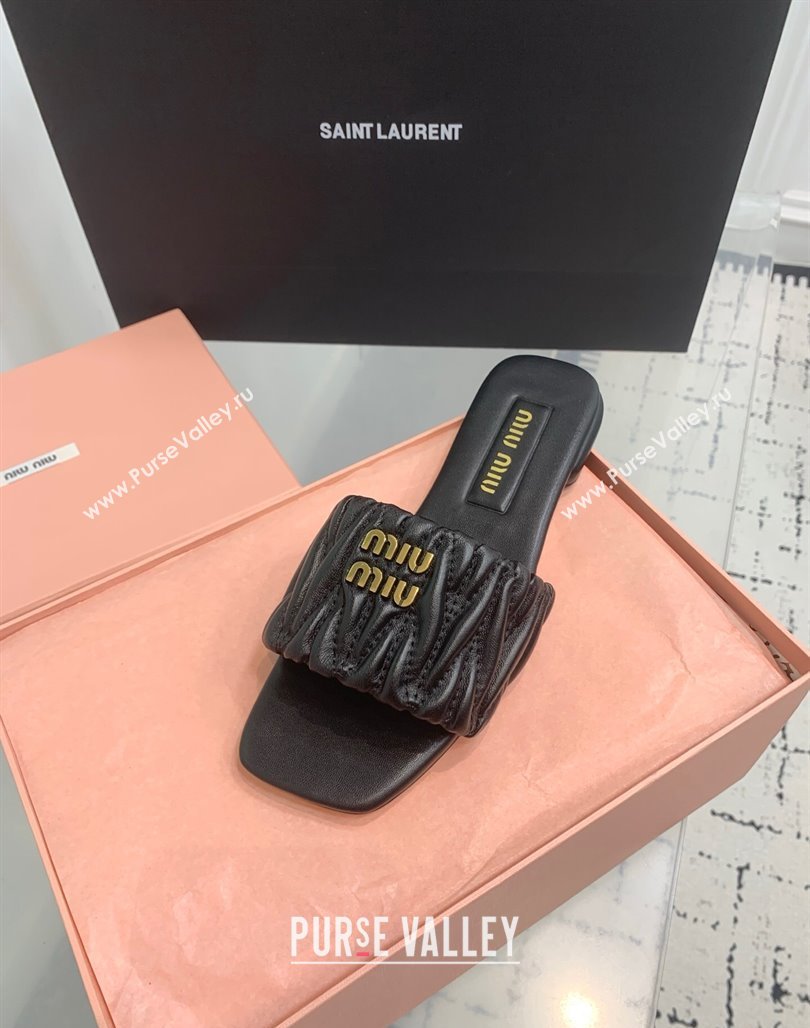 Miu Miu Matelasse Nappa Leather Flat Slides Sandal Black 2025 5XX605 (KER-250426074)