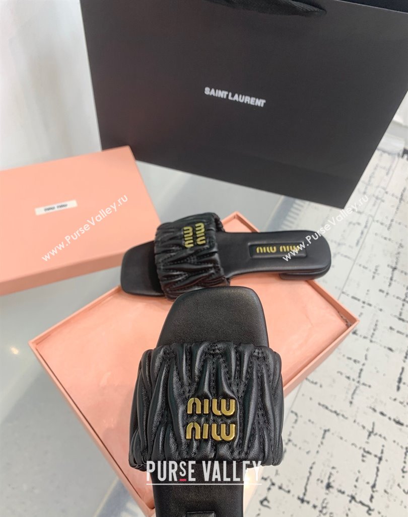 Miu Miu Matelasse Nappa Leather Flat Slides Sandal Black 2025 5XX605 (KER-250426074)