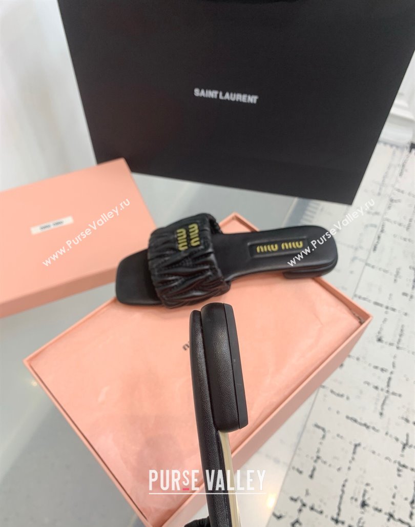 Miu Miu Matelasse Nappa Leather Flat Slides Sandal Black 2025 5XX605 (KER-250426074)