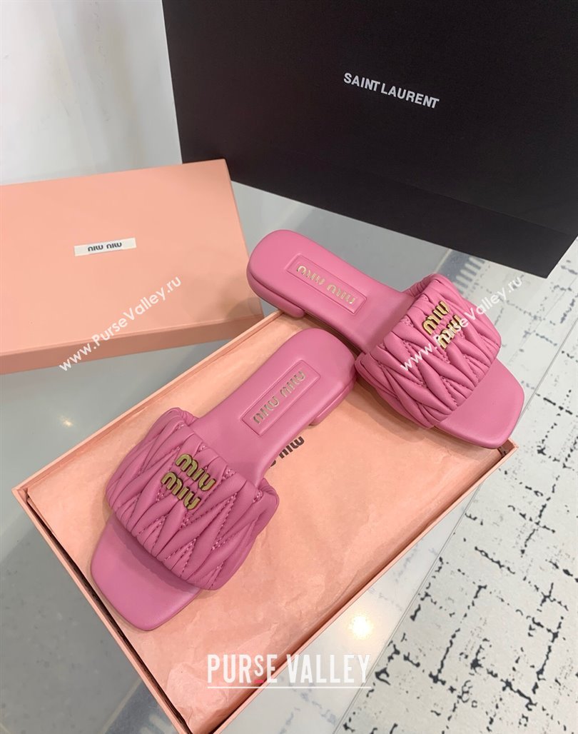 Miu Miu Matelasse Nappa Leather Flat Slides Sandal Pink 2025 5XX605 (KER-250426077)