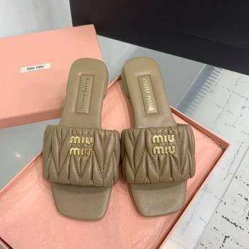 Miu Miu Matelasse Nappa Leather Flat Slides Sandal Khaki 2025 5XX605 (KER-250426078)