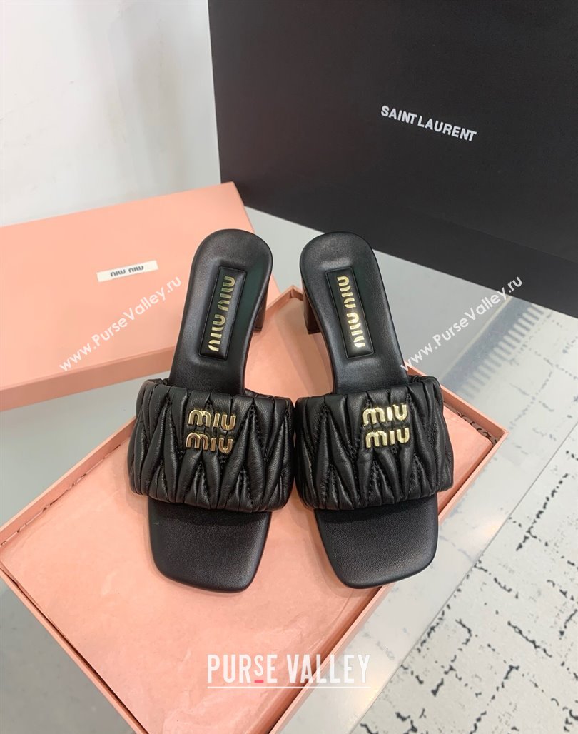 Miu Miu Matelasse Nappa Leather Heel Slides Sandal 5.5cm Black 2025 5XX657 (KER-250426082)