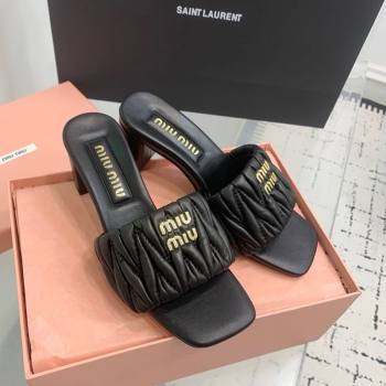 Miu Miu Matelasse Nappa Leather Heel Slides Sandal 5.5cm Black 2025 5XX657 (KER-250426082)