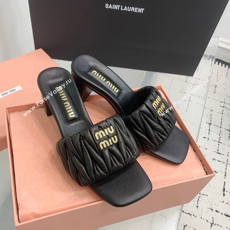 Miu Miu Matelasse Nappa Leather Heel Slides Sandal 5.5cm Black 2025 5XX657 (KER-250426082)