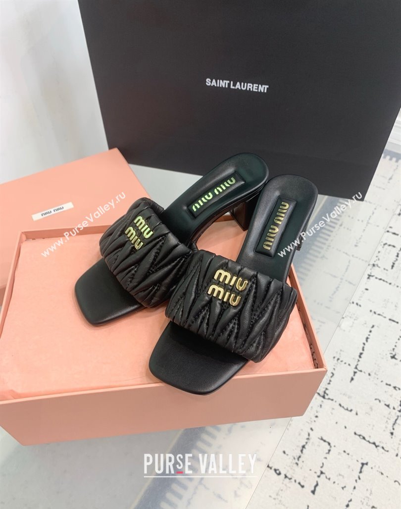 Miu Miu Matelasse Nappa Leather Heel Slides Sandal 5.5cm Black 2025 5XX657 (KER-250426082)