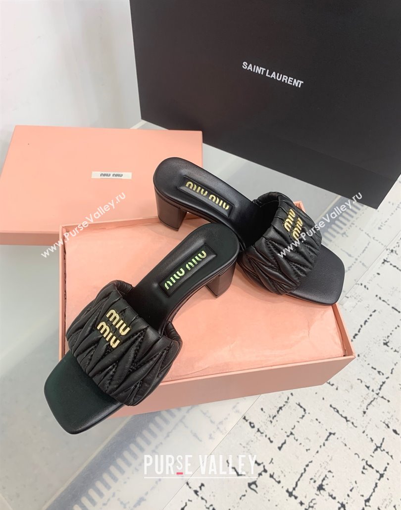 Miu Miu Matelasse Nappa Leather Heel Slides Sandal 5.5cm Black 2025 5XX657 (KER-250426082)