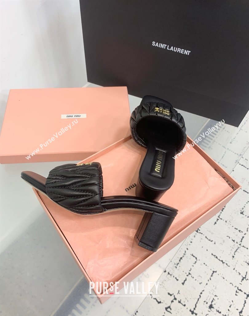 Miu Miu Matelasse Nappa Leather Heel Slides Sandal 5.5cm Black 2025 5XX657 (KER-250426082)